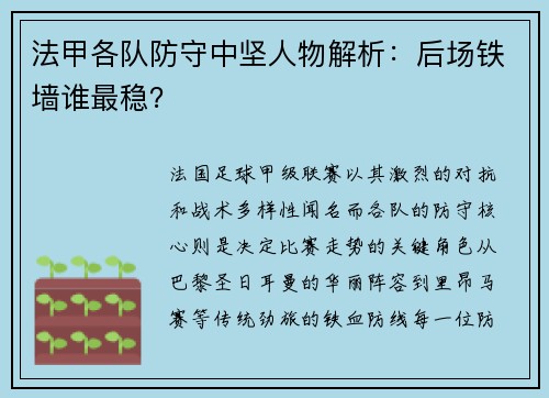 法甲各队防守中坚人物解析：后场铁墙谁最稳？
