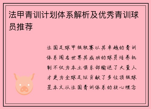 法甲青训计划体系解析及优秀青训球员推荐