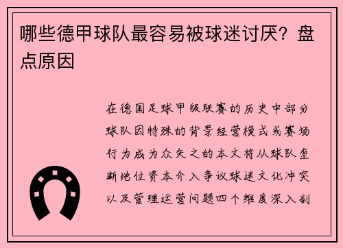 哪些德甲球队最容易被球迷讨厌？盘点原因